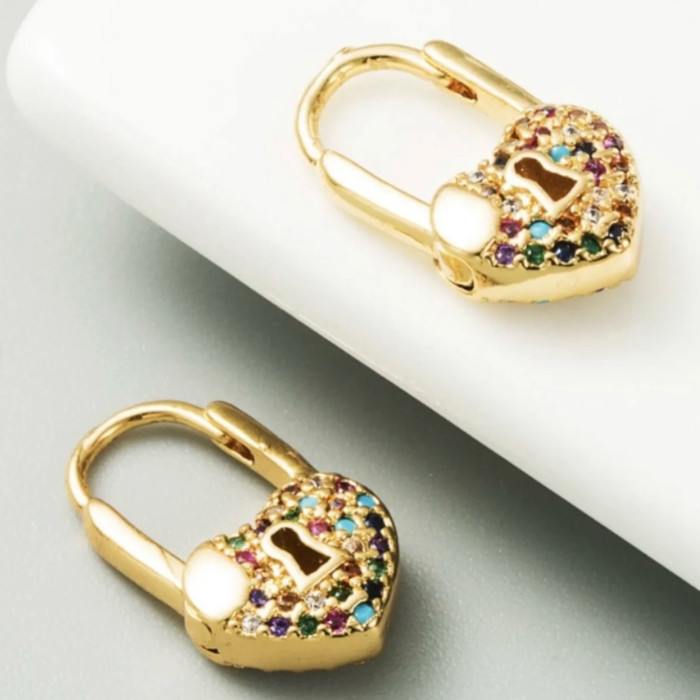 Heart Lock Hoop Earrings Women Plated 18k Gold Multicolor Zircon and Turquoise - Picture 1 of 3